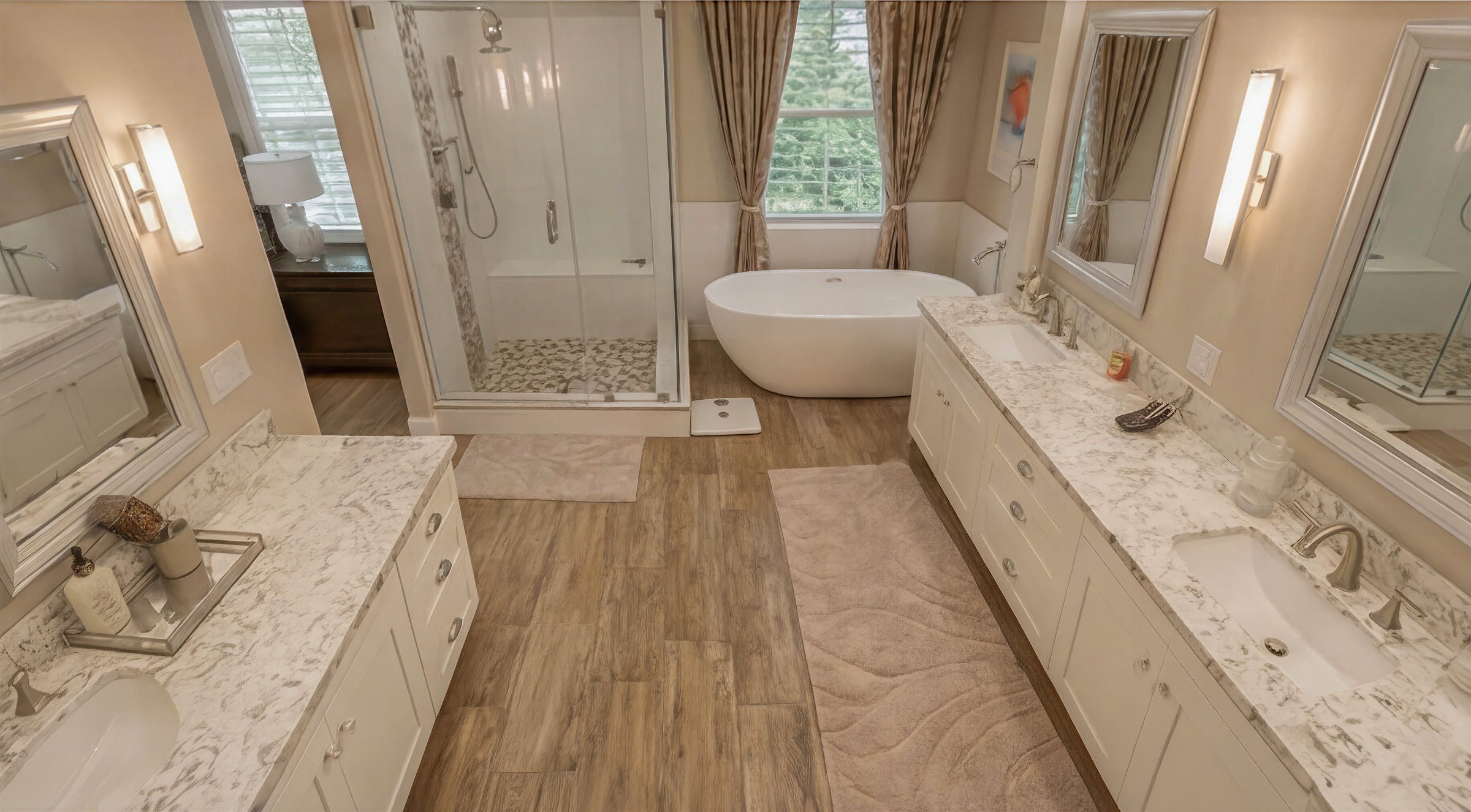 Master bathroom overhead — freestanding tub and walk-in shower
